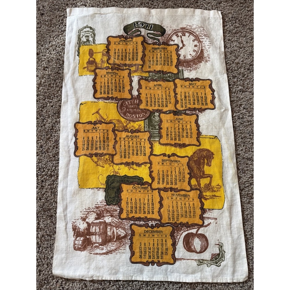 VINTAGE 1971  LINEN KITCHEN TEA TOWEL CALENDAR CITY‎ OF BOSTON YELLOW & BROWN